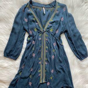 Free People Boho Embroidered navy mini dress long sleeve